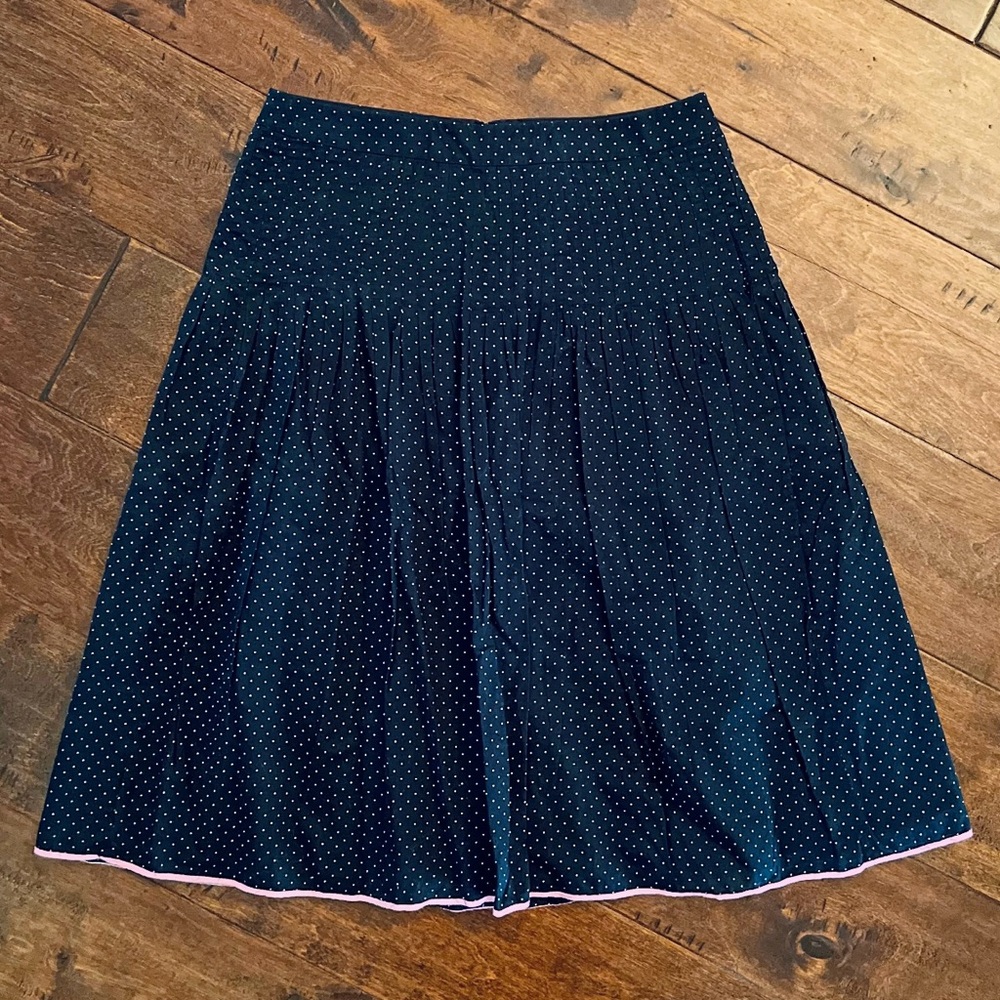 JCrew Skirt Pleated Lined Navy Blue White Polkadots Pink Piping 100% Cotton Sz 8